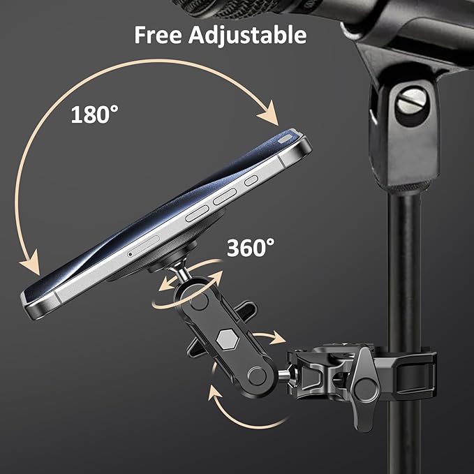 Mic Stand Phone Holder Aluminum Compatible with Magsafe iPhone 16/15/14/13/12 Plus Pro Max Series, Side Mount Cellphone Music Stand Holder for Microphone, 360° Swivel Tilt Adjustable Mic Phone Mount