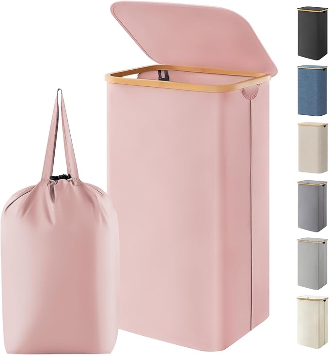 Lifewit 100L Laundry Basket with Lid, Clothes Hampers for Laundry with Bamboo Handles and 1 Removable Bag, Large Foldable Lau