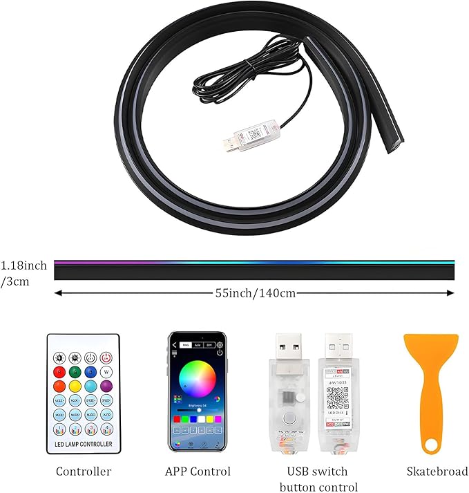 Interior Car LED Strip Lights with APP Control,RGB 210 Modes Neon Car Ambient Lighting,55in LED Strip Lights for Cars,Dynamic Chasing Music Sync Neon Car Ambient Lighting Kits