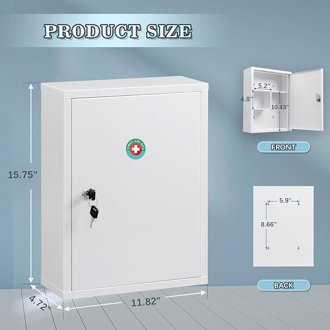 KYODOLED Wall Mount Locking Medicine Cabinet, Large Capacity First Aid Cabinet for Bathroom, Medicine Cabinet with Key, Secur