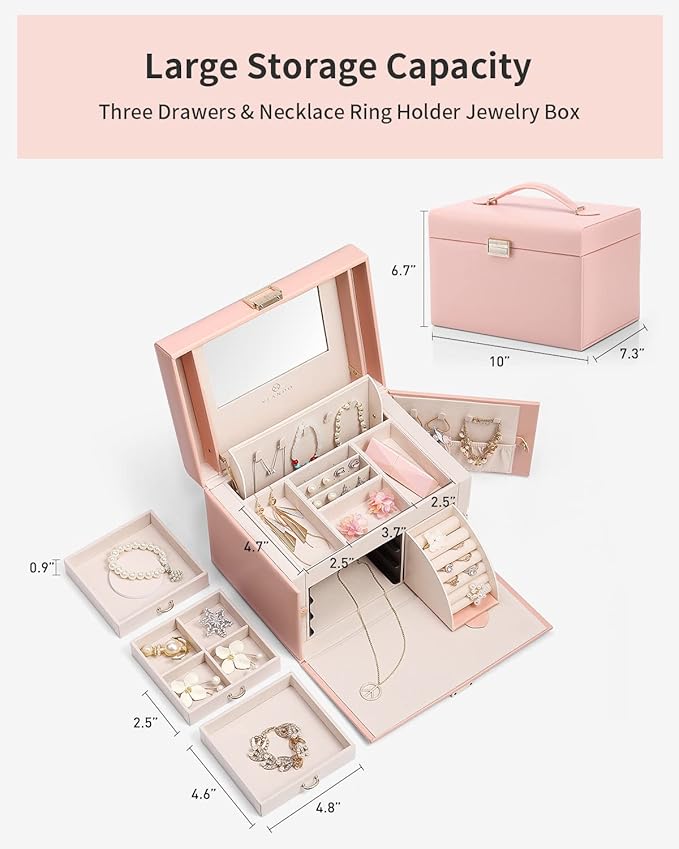 Vlando Jewelry Box Organizer for Girls Women, Large Baroque Jewelry Holder Organizer with Mirror, 3 Drawers for Bracelets, Ea
