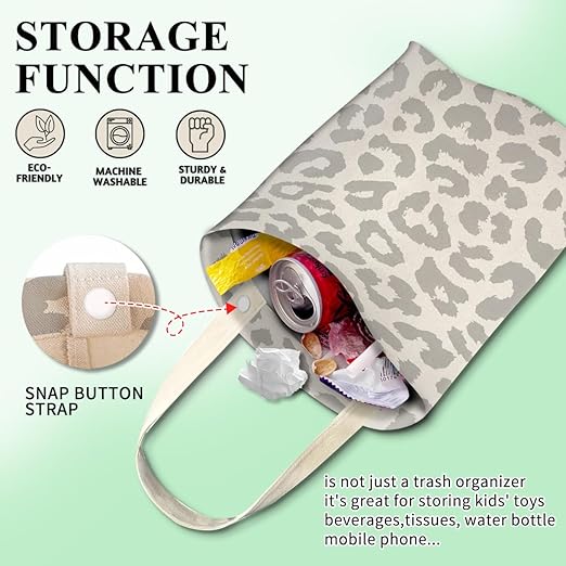 Car Trash Can, Cute Car Trash Bag, Hanging Car Organizer and Storage Bag, Trash Bin for Car Accessories, Vehicle, Travelling, Camping Gray White Leopard
