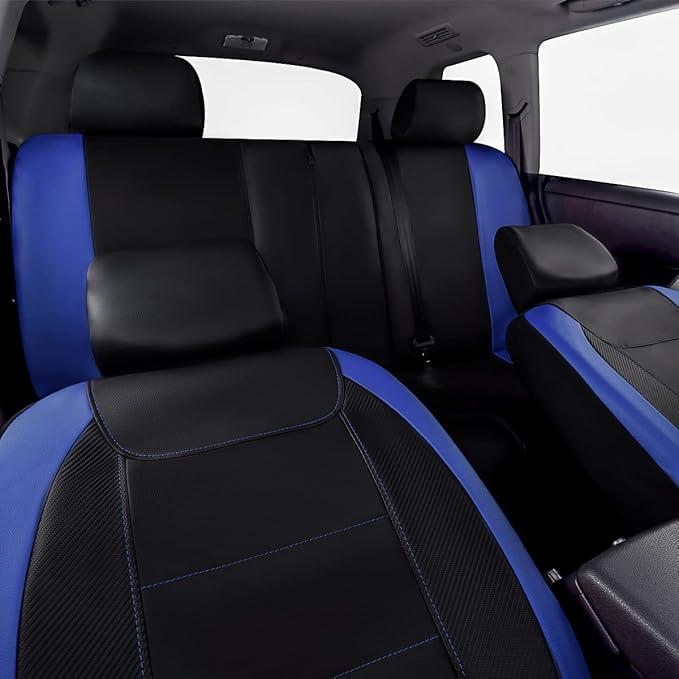 Flying Banner car seat Covers Protects Water Proof Faux Leather Carbon Fiber Front and Rear Bench (Blue Black, Full Set - 9PC