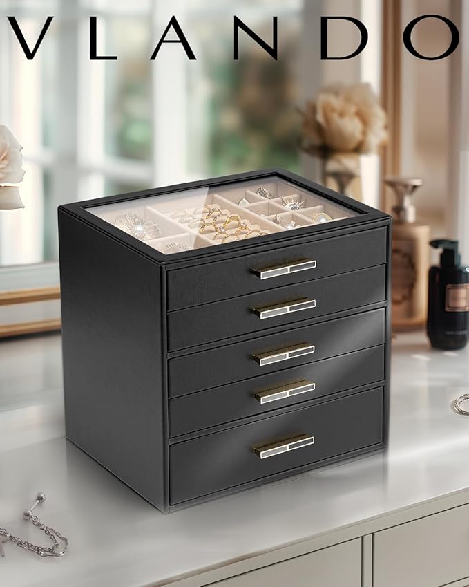 Vlando 5 Layer Jewelry Box for Women, Glass Lid Jewelry Organizer with 5 Drawers for Necklaces Rings Earrings Bracelets - Bla