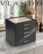 Vlando 5 Layer Jewelry Box for Women, Glass Lid Jewelry Organizer with 5 Drawers for Necklaces Rings Earrings Bracelets - Bla