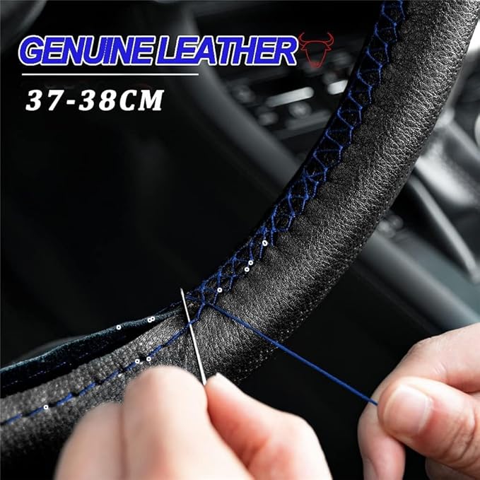 AUTOXBERT 38cm/15inch Genuine Leather DIY Steering Wheel Cover Soft Hand Sewing On Wrap Cover with Needles Thread fit for VW 