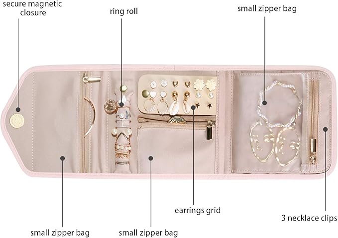 BAGSMART Travel Jewelry Organizer Case Foldable Jewelry Roll for Journey Rings, Necklaces, Earrings, Bracelets,Mini,Light Pin