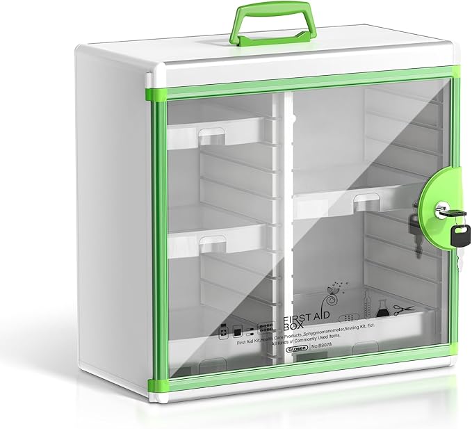 Glosen Medicine Cabinet Locking Medicine Cabinet Wall Mounted【 Green 13.6 x 13.4 x 6.5 Inch 】 Portable Storage Container Big 