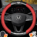 Customized Steering Wheel Cover Compatible with Honda, Premium Nappa Leather&Bright Carbon Fiber Texture Steering Wheel Cover, with Coasters and 3-in-1 USB Fast Charging Cable (Red)