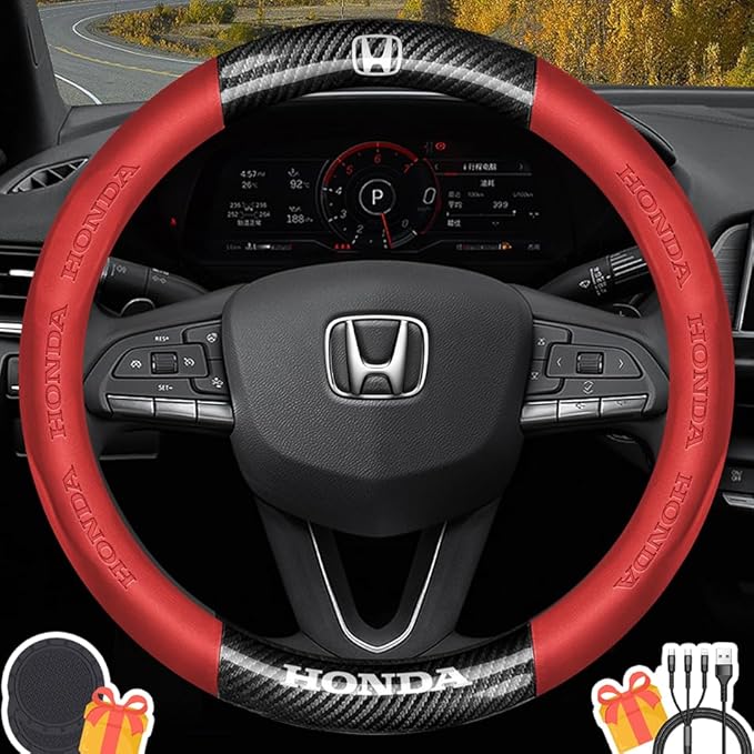 Customized Steering Wheel Cover Compatible with Honda, Premium Nappa Leather&Bright Carbon Fiber Texture Steering Wheel Cover