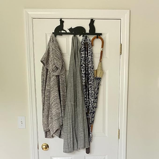 Evelots Over The Door 4 Hook Towel/Coat Rack Hanger Organizer, Kitty Cat Design-Easy No Tool Installation-Black Iron-Holds 20