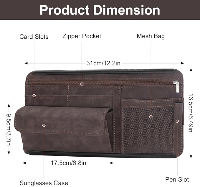 Sun Visor Organizer, Multi-Pocket Auto Visor Organizer for Car, SUV and Truck, Card Holder Glasses Holder for Car Interior Accessories Car Organizers And Storage, Brown