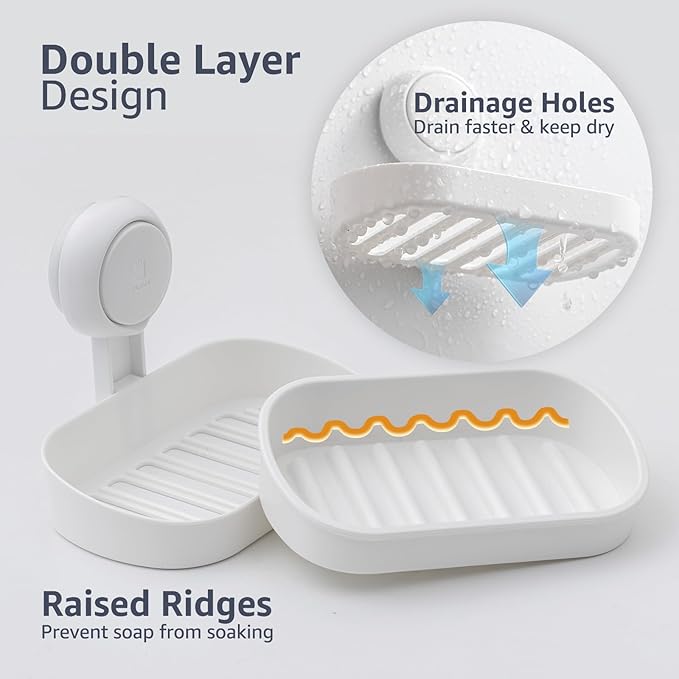 LEVERLOC Soap Holder Suction Cup for Shower, 2 Pack Bar Soap Dish Holder for Shower Wall Mounted NO-Drilling, Plastic Self Dr