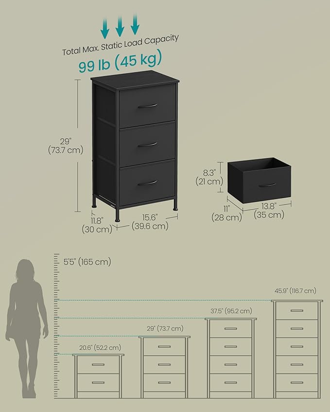 SONGMICS Dresser for Bedroom, Chest of Drawers, Steel, MDF, 3 Non-Woven Fabric Drawers, Storage Organizer Unit, Closet, Entry