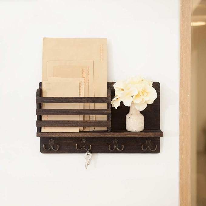 Dahey Wall Mounted Mail Holder Wooden Key Holder Rack Mail Sorter Organizer with 4 Double Key Hooks and A Floating Shelf Farm