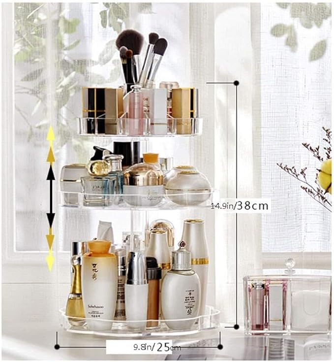360 Rotating Makeup Organizer with 3 Layers, Adjustable Cosmetic Storage Rack, Large Capacity Makeup Display Case for Skincar