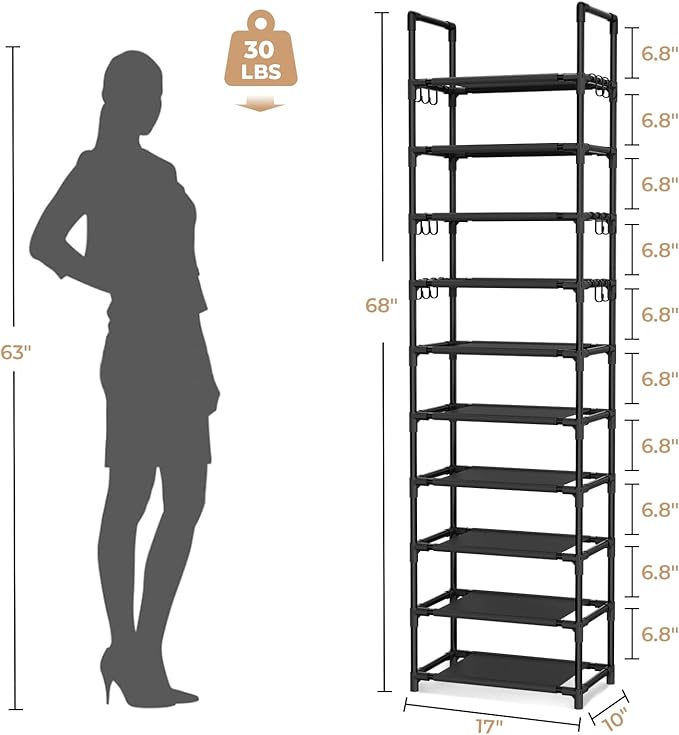 VTRIN 10 Tiers Tall Shoe Rack Holds 20-25 Pairs of Shoes Sturdy Vertical Shoe Organizer with 18pcs Hooks Stackable Narrow Sho