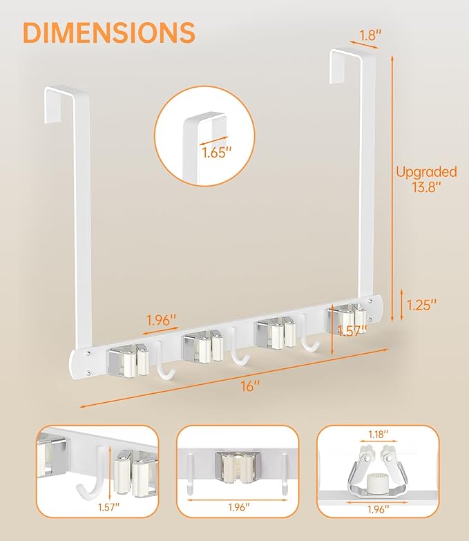 Broom Holder Over The Door - 304 Stainless Steel Mop and Broom Holder Wall Mounted or Hanging Over The Door with Hooks - Broo