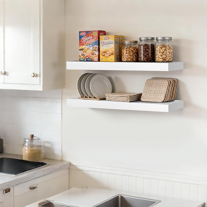 Floating Wall Shelves 24 x 6.8 x 1.7 Inch – Solid Wood Rustic Shelves in White Finish – Wall Mounted Display Shelf for Bathro
