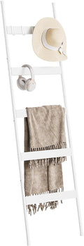 ELYKEN Blanket Ladder for Living Room, Farmhouse 5-Tier Quilt Holder with 4 Removable Hooks for Bathroom, Wood Towel Rack Dis
