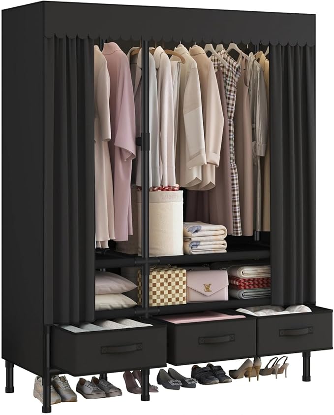 Portable Closet,Garment Rack,Heavy Duty Clothes Rack with Cover,Wardrobe Closet with 1 Hanging Rods, 2 Storage Shelves and 3 