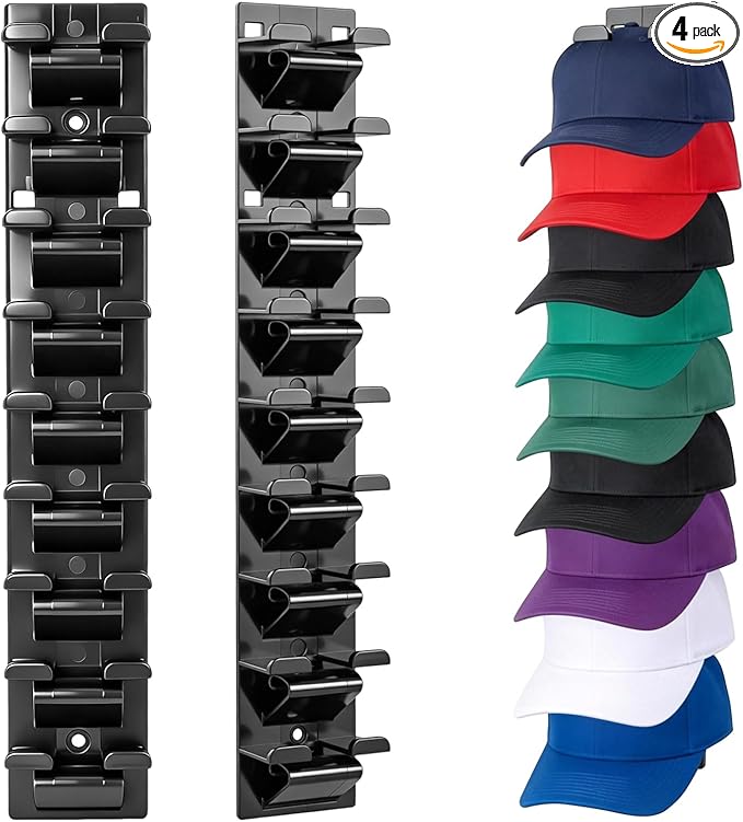 4 Pack Baseball Hat Rack for Wall & Closet, Vertical Hat Display Stand Storage Rack, No Drill Cap Rack for Dorm, Door& Entryw