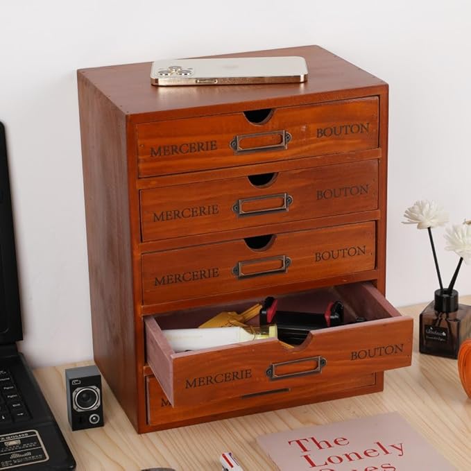 Wooden Storage Box with 5 Drawers Apothecary Drawers Vintage Wooden Drawers Wood Desktop Organizer with Drawers Countertop Dr