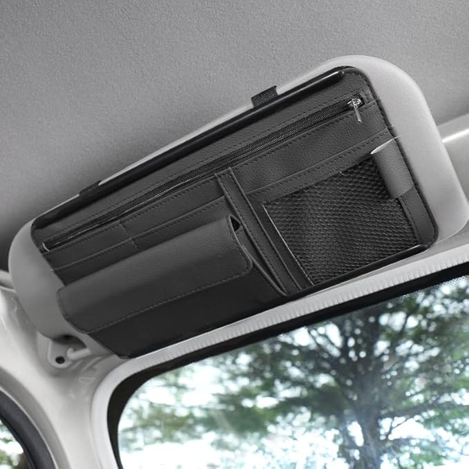 JEYODA Car Sun Visor Organizer - Auto Visor Pocket and Interior Accessories with Multi-Pocket Net Zippers (Style 2-Black)