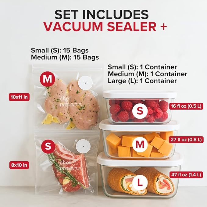 Chef Preserve Compact Vacuum Sealer for Food (Vacuum Sealer Machine + 3 Glass Vacuum Containers + 30 Reusable Vacuum Bags) Po