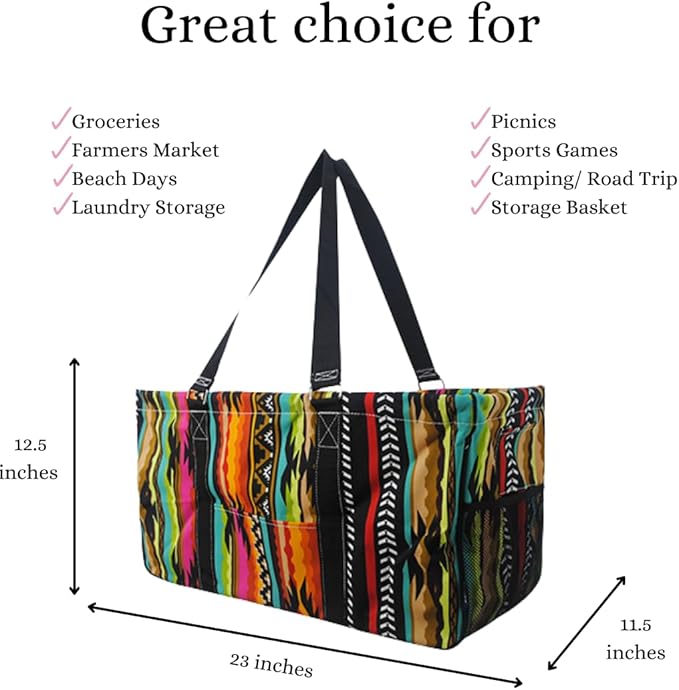 NGIL Extra Large Utility Tote Reusable Grocery Organizing Bag Oversized Collapsible for Storage, Picnic,Car, Beach (Desert Serape-black)