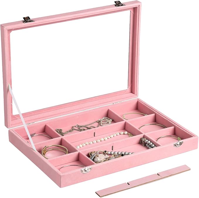 Frebeauty Velvet Jewelry Tray,12 Grid Jewelry Organizer with Clear Lid,Bracelets Holder,Jewelry Display Case with Clasp,Drawe