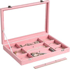 Frebeauty Velvet Jewelry Tray,12 Grid Jewelry Organizer with Clear Lid,Bracelets Holder,Jewelry Display Case with Clasp,Drawe