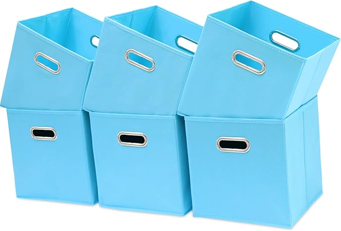 Fabric Cubby Storage Bins - 13x13x13 Inches, Foldable Cube Organizer Bins with Dual Handles - Set of 6, Blue