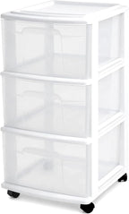 HOMZ Drawer Tower, 3-Tier Rolling Storage Cart with Removable Wheels, White Frame – Plastic Organizer with Clear Bin Drawers 