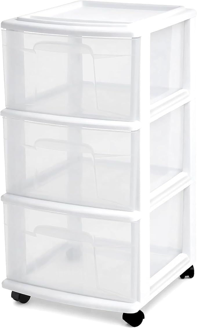 HOMZ Drawer Tower, 3-Tier Rolling Storage Cart with Removable Wheels, White Frame – Plastic Organizer with Clear Bin Drawers 