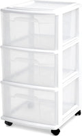HOMZ Drawer Tower, 3-Tier Rolling Storage Cart with Removable Wheels, White Frame – Plastic Organizer with Clear Bin Drawers 