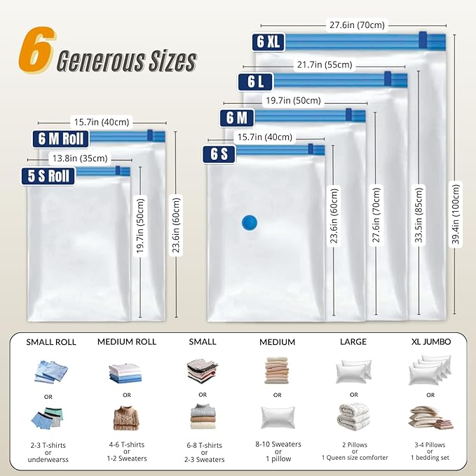35 Pack Vacuum Storage Bags with Hand Pump, Compression Space Saver for Comforter, Bedding, Blanket Storage, Vacuum Seal Bags