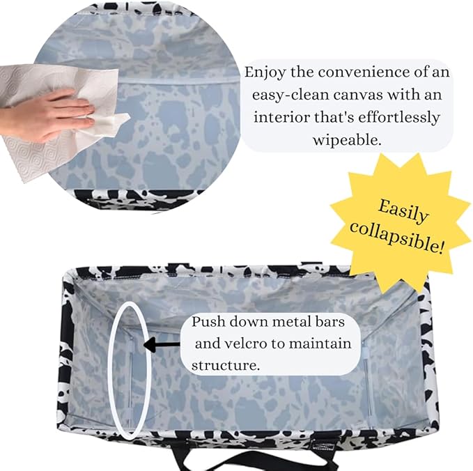 NGIL Extra Large Utility Tote Reusable Grocery Organizing Bag Oversized Collapsible for Storage, Picnic,Car, Beach (Cow Splatter Print-black)