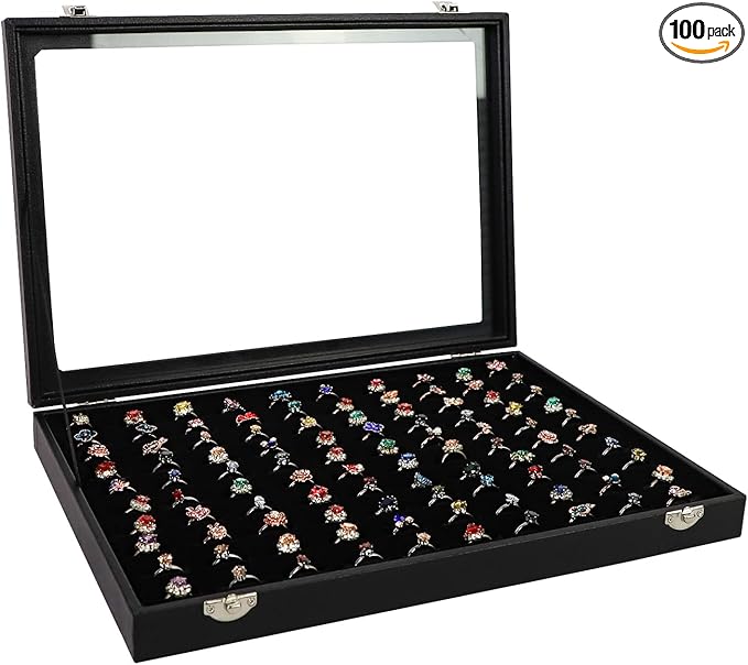 Wudygirl 100 Slot Ring Holder Display Case - Black Jewelry Organizer with Transparent Lid