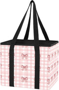 Pink Bows Gingham Reusable Grocery Bags Large Shopping Tote Bag with Reinforced Bottom Board, Water Resistant Foldable Storag