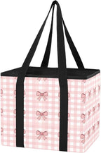 Pink Bows Gingham Reusable Grocery Bags Large Shopping Tote Bag with Reinforced Bottom Board, Water Resistant Foldable Storag