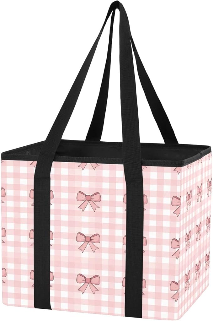 Pink Bows Gingham Reusable Grocery Bags Large Shopping Tote Bag with Reinforced Bottom Board, Water Resistant Foldable Storag