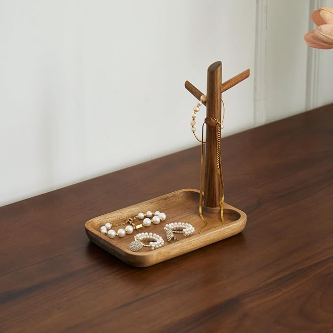Solid Acacia Wood Key Tray and Bowl for Entryway Table - Jewelry Tray With 3 Hooks, Open Storage for Wallet, Glasses, Watches