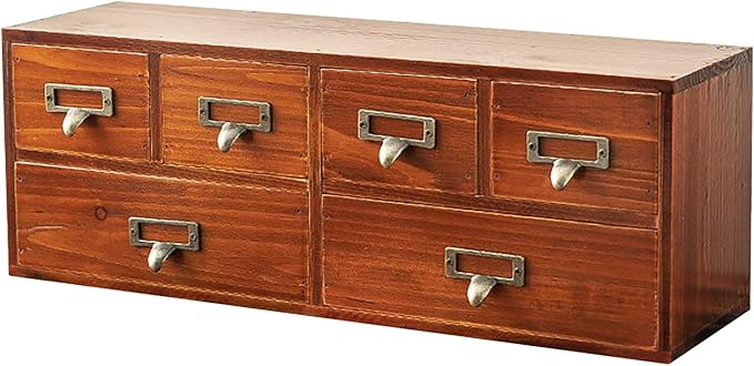 6-Drawer Vintage Desk Organizer Classic Brown Wood Storage Drawers for Tabletop - Slim Retro Style Desktop Organizing Cabinet
