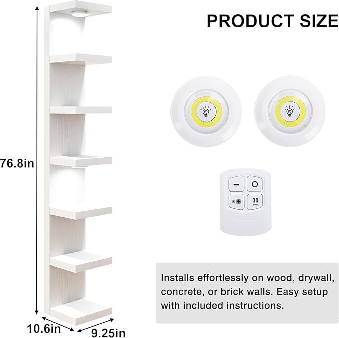 Fixwal 7 Tier Wall Shelf White Wall Mounted Lack Shelf with LED Lights for Home Decor Organizer