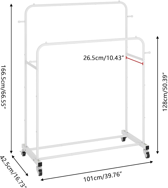 Laiensia Double Rods Garment Rack with Wheels, Clothing Rack for Hanging Clothes,4 Hooks, Multi-functional Bedroom Clothes Ra