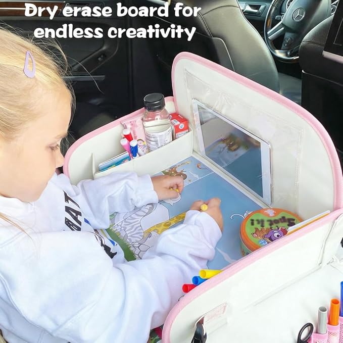 MENZOKE Kids Travel Tray for Toddler Car Seat, Toddler Travel Activities for Girl with iPad Holder Stand & Storage Pockets, R