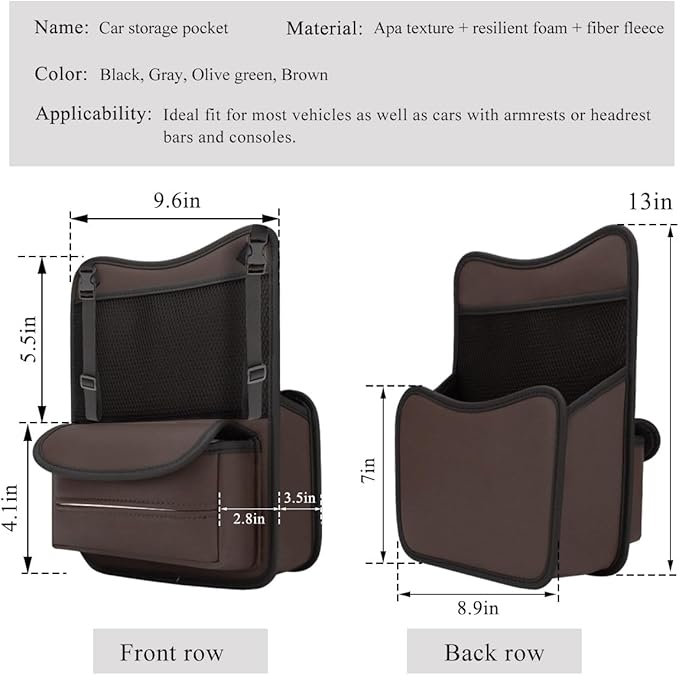Car Organizer Storage Between Seats, Leather Large Capacity Automobile Handbag Hanging Store Content Bag, Auto Console Organizer Holder for Snack Phone Document Storages, Car Accessories (Brown)