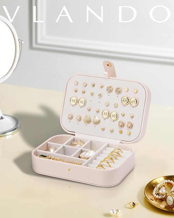 VLANDO Travel Jewelry Case, PU Leather Travel Jewelry Box with Earring Holder, Portable Display Small Jewelry Box for Mothers