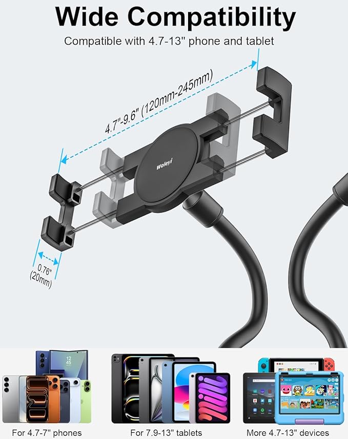 woleyi Cup Holder Tablet Mount for Car, [Double Device Clamp] Dual iPad Phone Car Mount with 10" Gooseneck Adjustable Arm for iPad Pro Air Mini, Galaxy Tabs, Z Fold, Fire HD, iPhone, 4.7-13" Devices